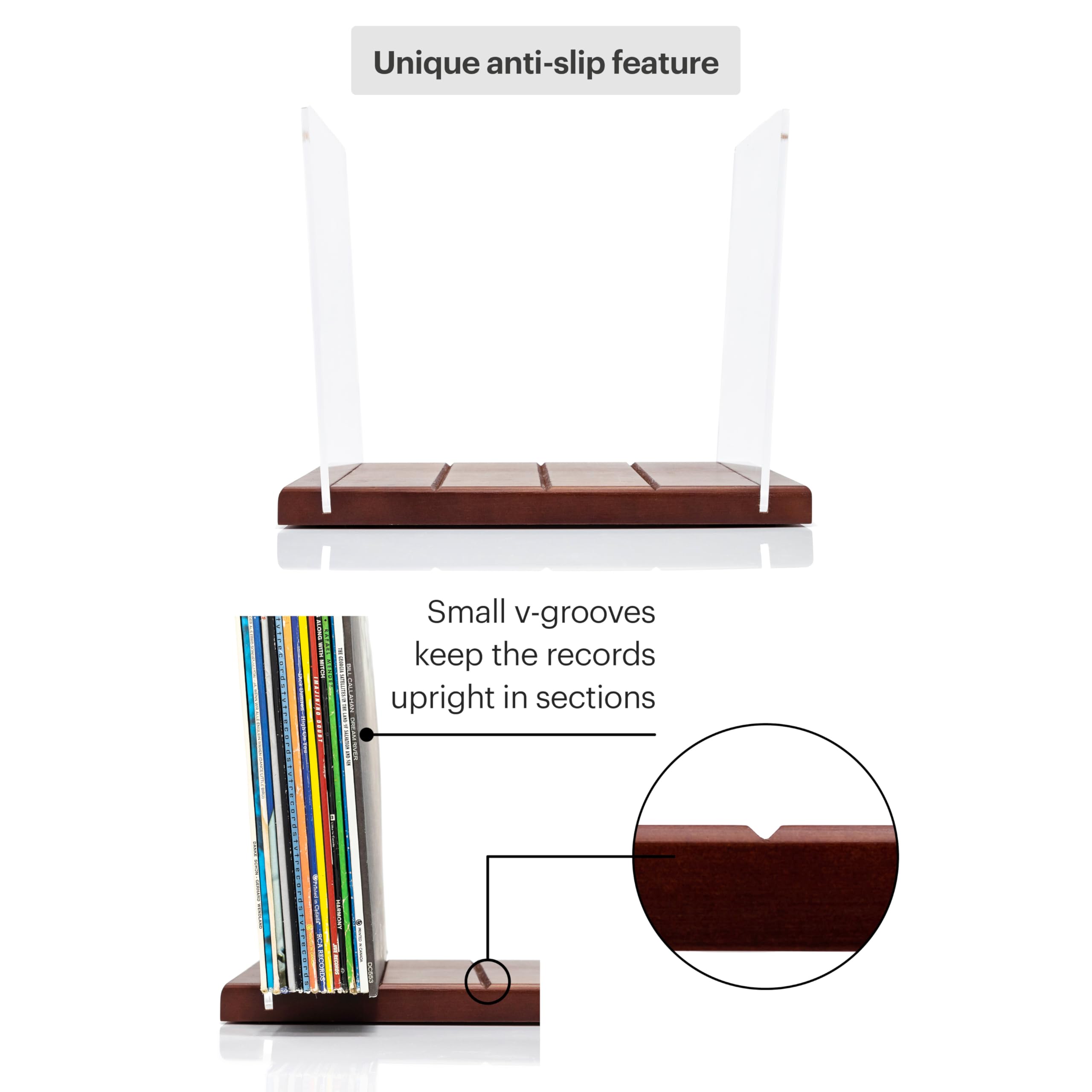 MÖNKE storage V-groove design keeps records upright for organized browsing.