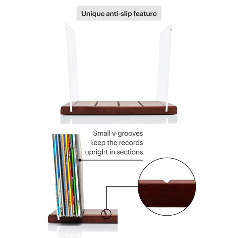MÖNKE storage V-groove design keeps records upright for organized browsing.