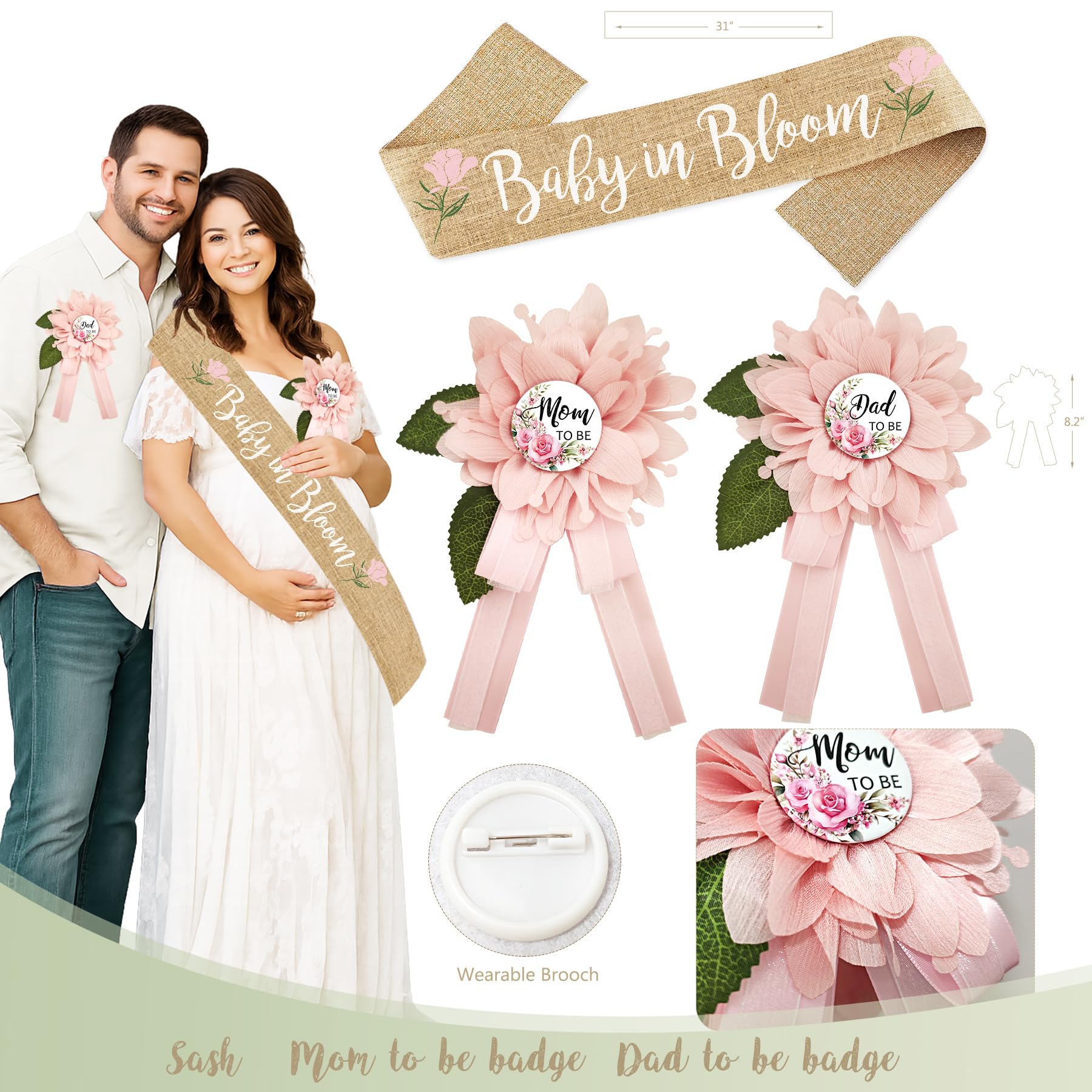 Monnberry baby in bloom sash worn by the mom-to-be for festive flair.