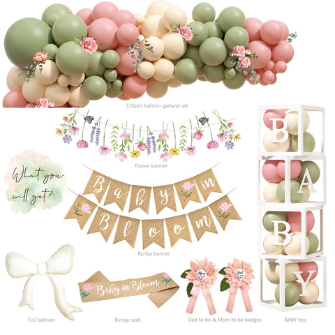 Monnberry baby shower boxes arranged for coordinated pink and sage decor.