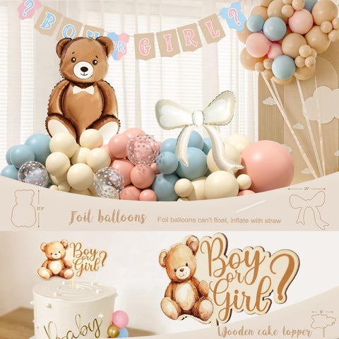 Monnberry bear and bow foil balloons elevate the arch.