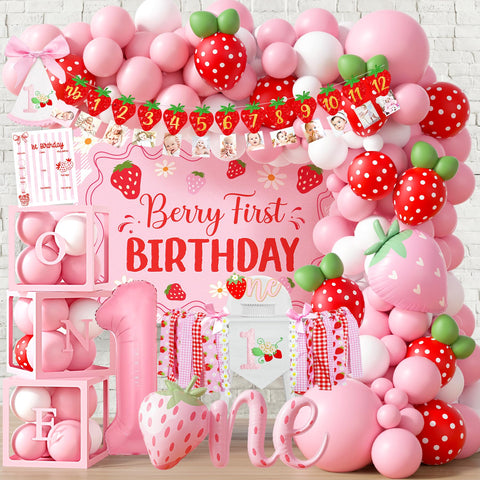 Monnberry Berry First backdrop creates a photo-worthy setup for a baby girl's first birthday.