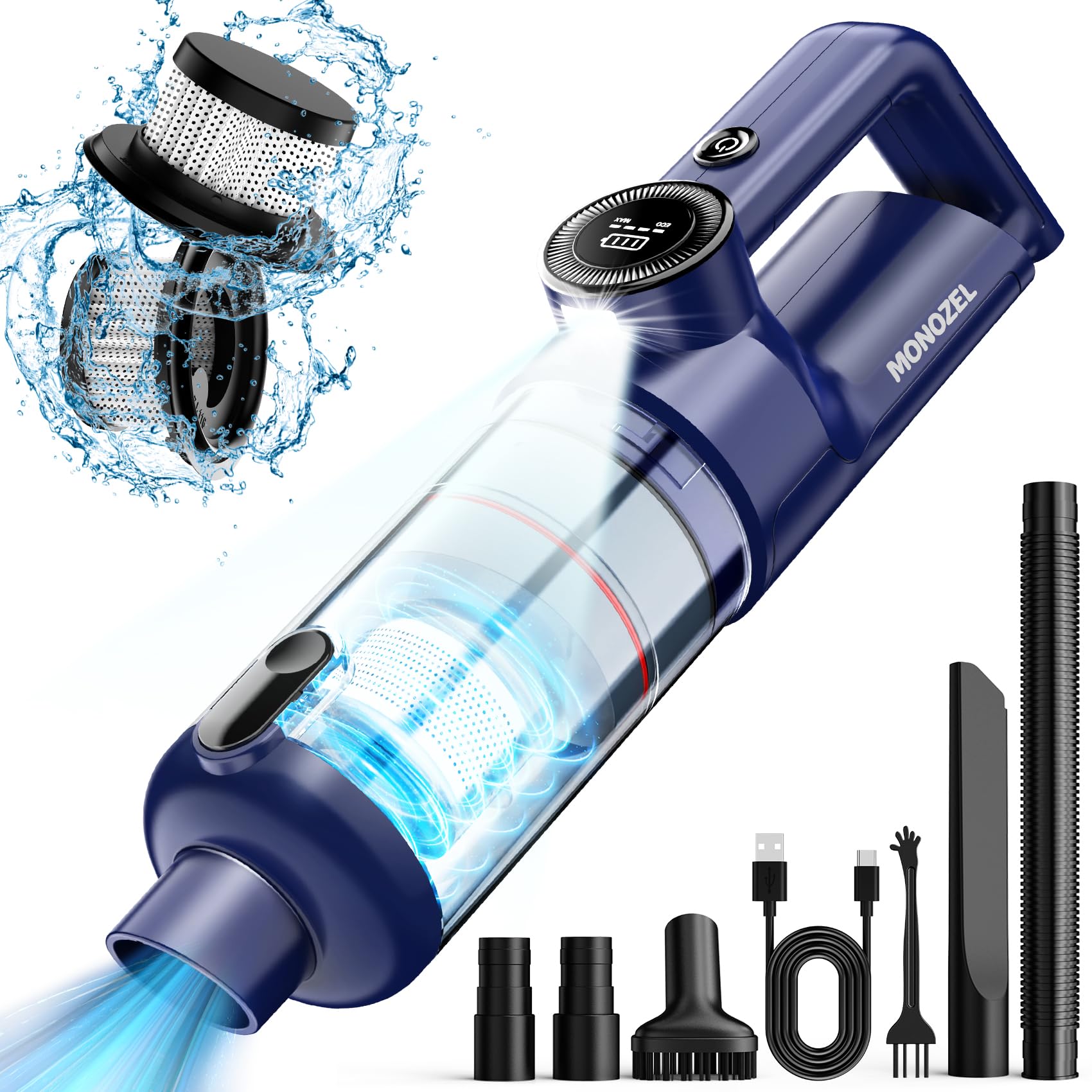 MONOZEL handheld vacuum with brushless motor for powerful car and home cleaning.