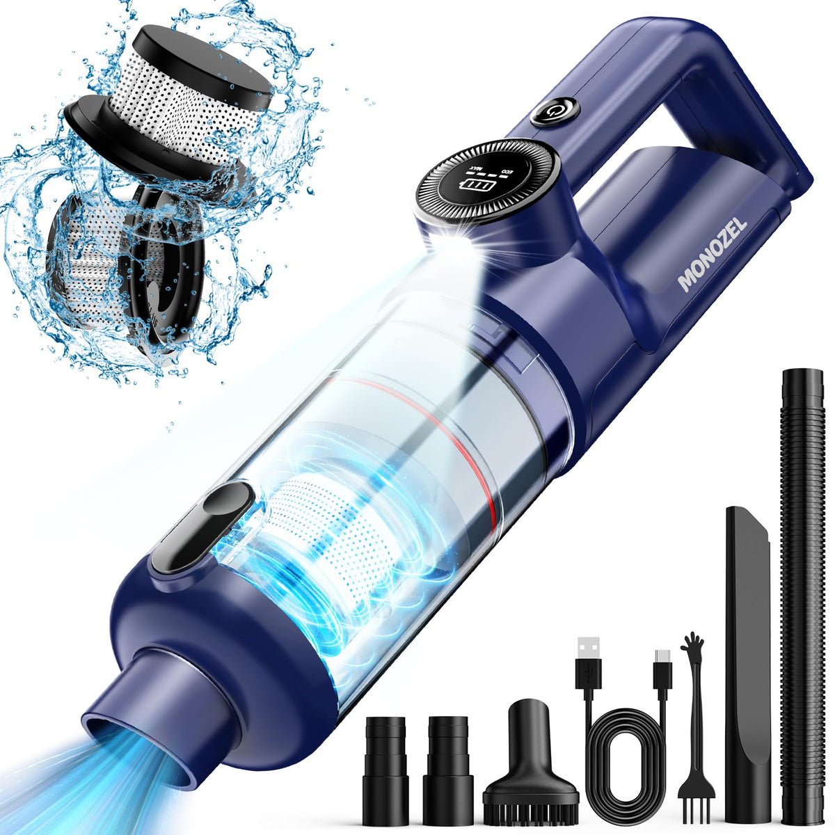 MONOZEL handheld vacuum with brushless motor for powerful car and home cleaning.