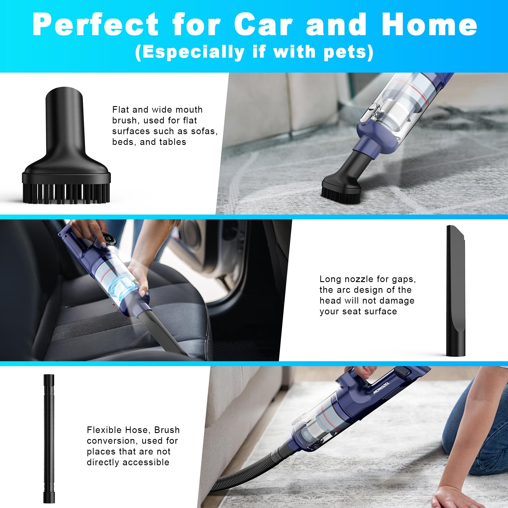 MONOZEL extension tube and tools reach tight spaces and corners.