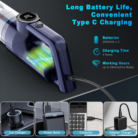 MONOZEL lightweight handheld vacuum weighs 1.4 pounds for portable use.