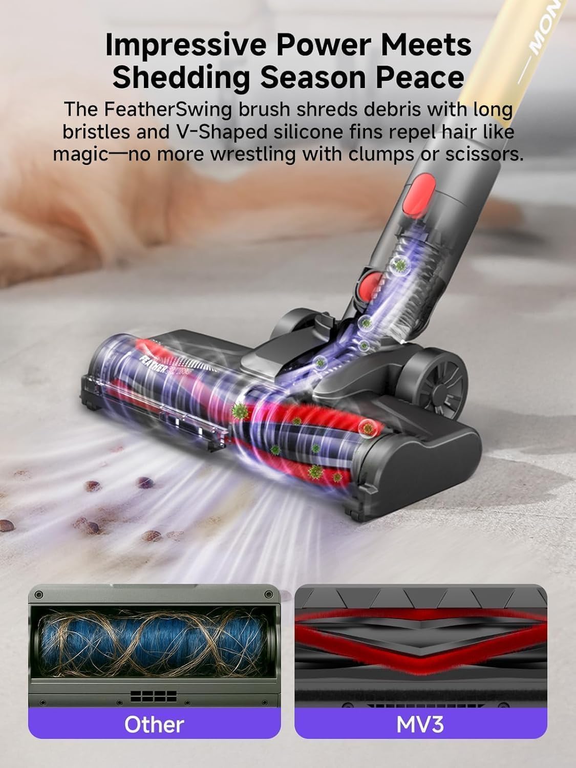 MONSGA MV3 anti-tangle brushroll reduces hair wrap during cleaning sessions