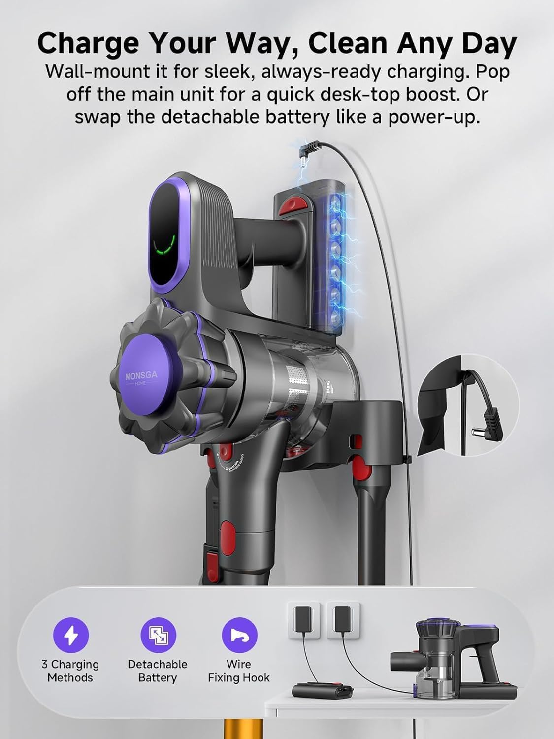 MONSGA MV3 charging dock keeps the unit neatly stored