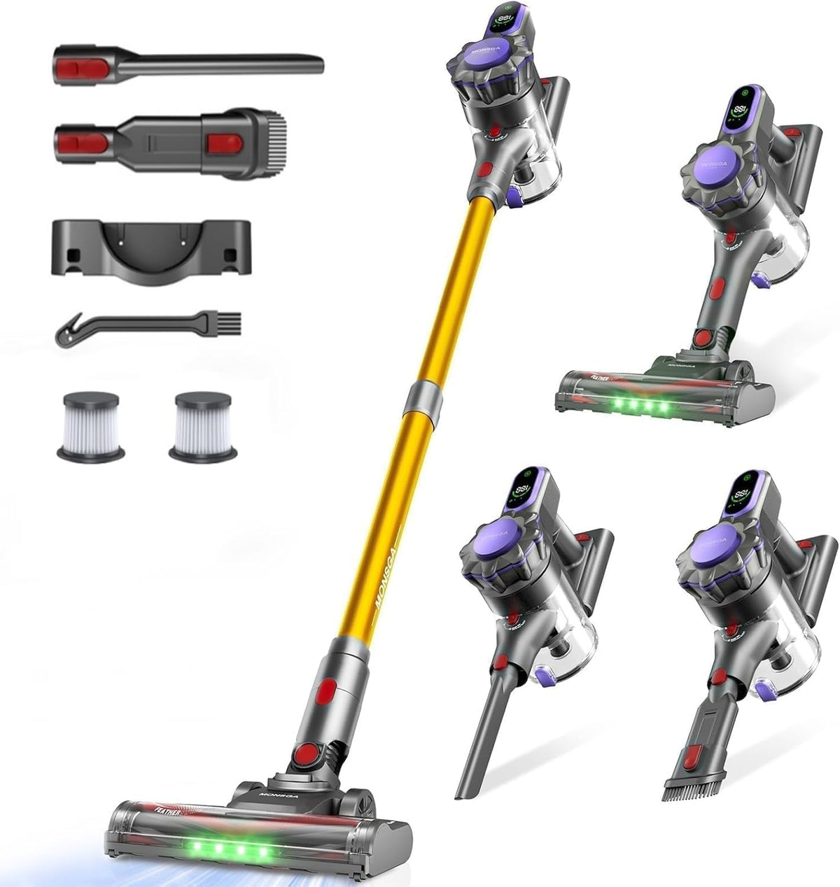 MONSGA MV3 front view shows a versatile cordless vacuum for quick daily cleans