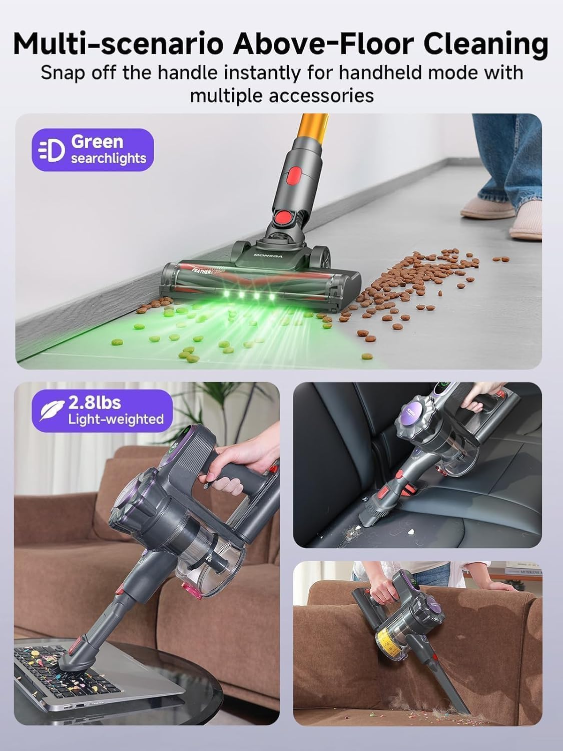 MONSGA MV3 green beam light reveals hidden crumbs on floors