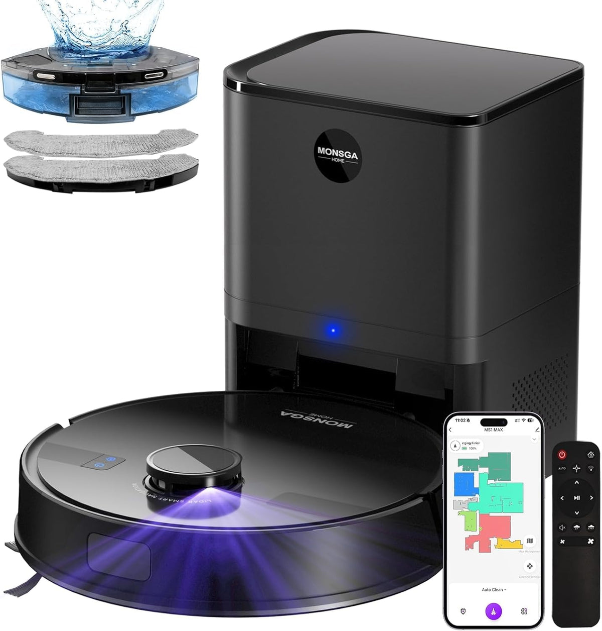 MONSGA robot vacuum cleans hard floors with strong suction.