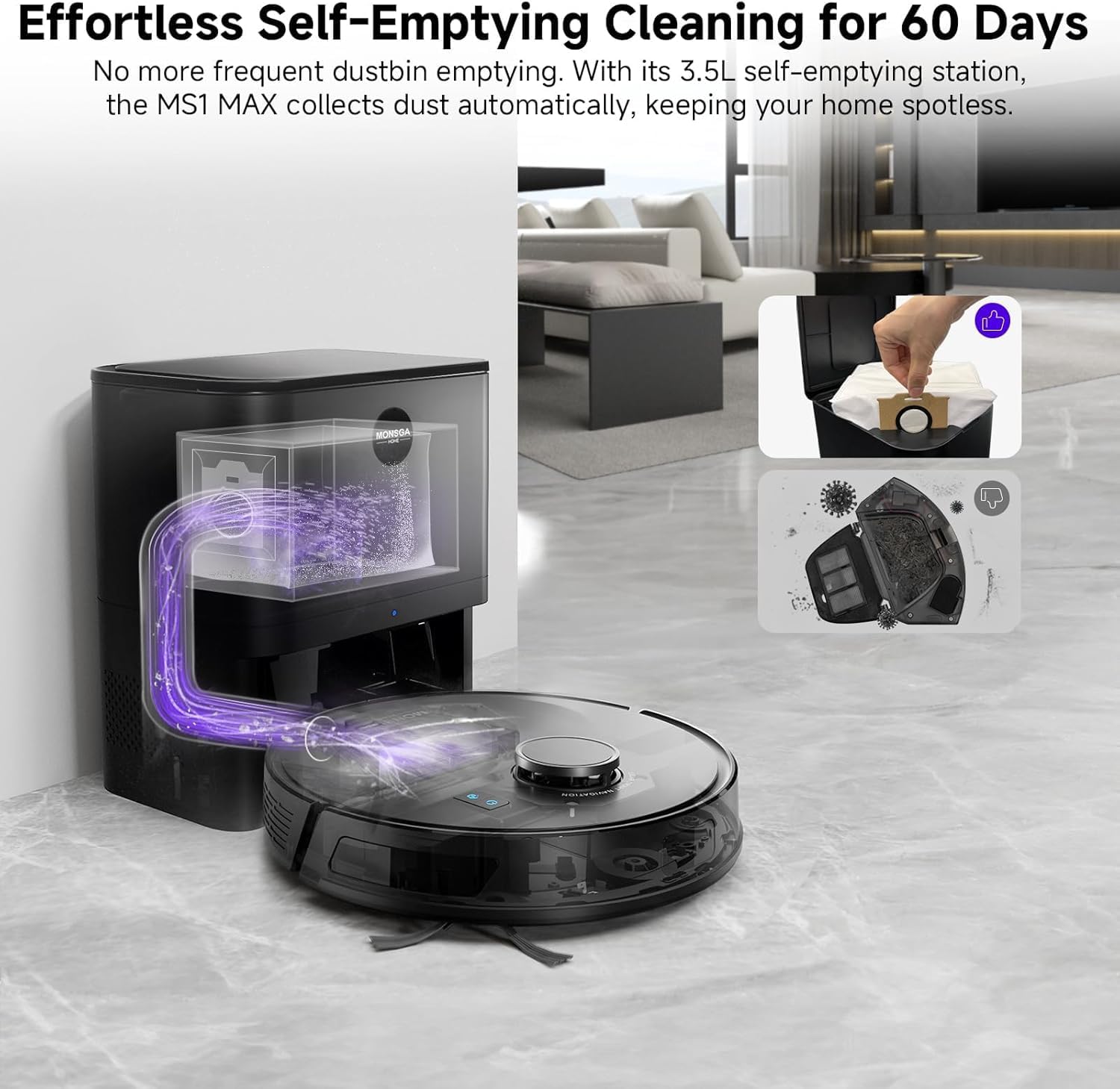 MONSGA mop mode actively cleans and mops hard floors.