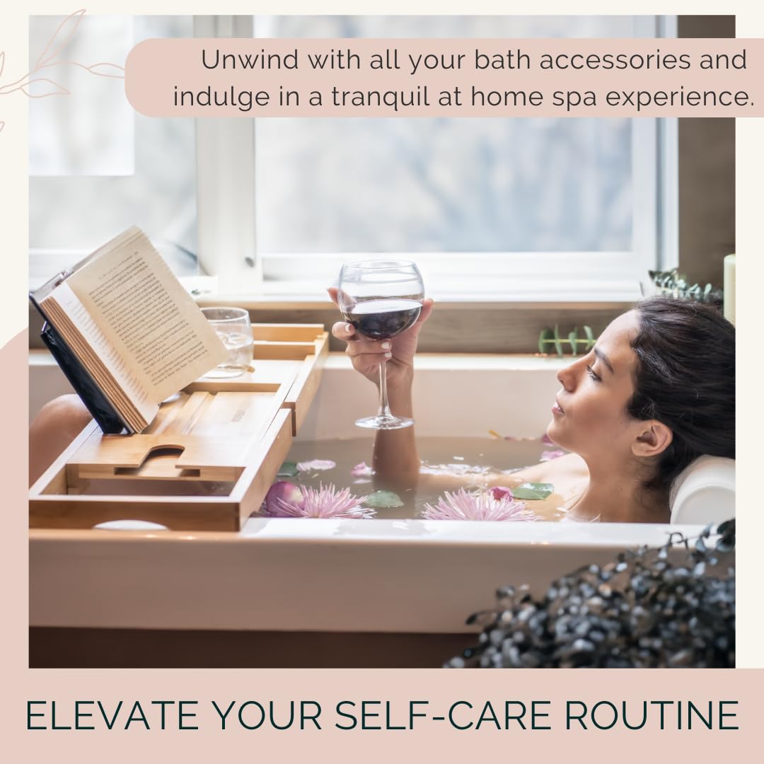 Monsuri bathtub caddy helps organize reading material, drinks, and bath accessories.