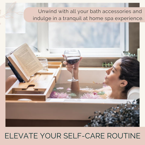 Monsuri bathtub caddy helps organize reading material, drinks, and bath accessories.