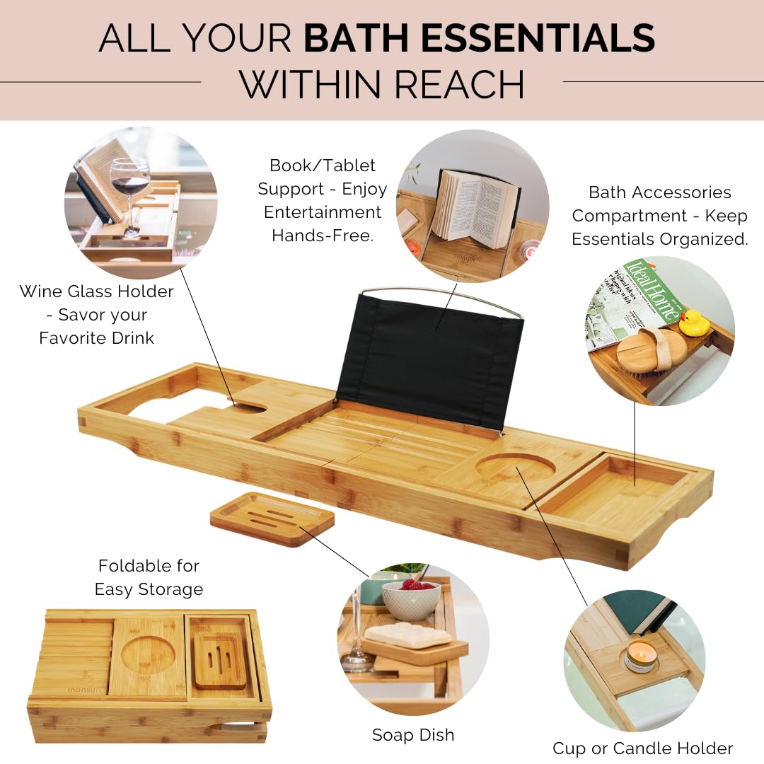 Monsuri bath table tray compact design saves space while keeping essential items within reach.