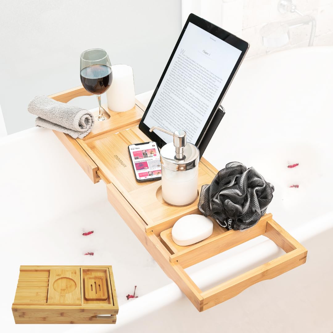 Monsuri foldable bathtub tray extended setup for spa-like soak and easy item access.