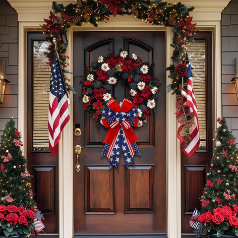 Blue patriotic pattern bow by Montekin for front door or mantel