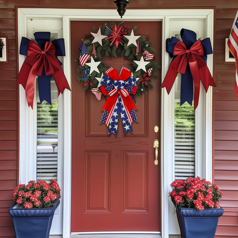 Front door decoration featuring Montekin 4th of July bow