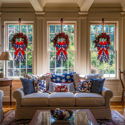 Outdoor wreath embellishment using Montekin blue bow for porch