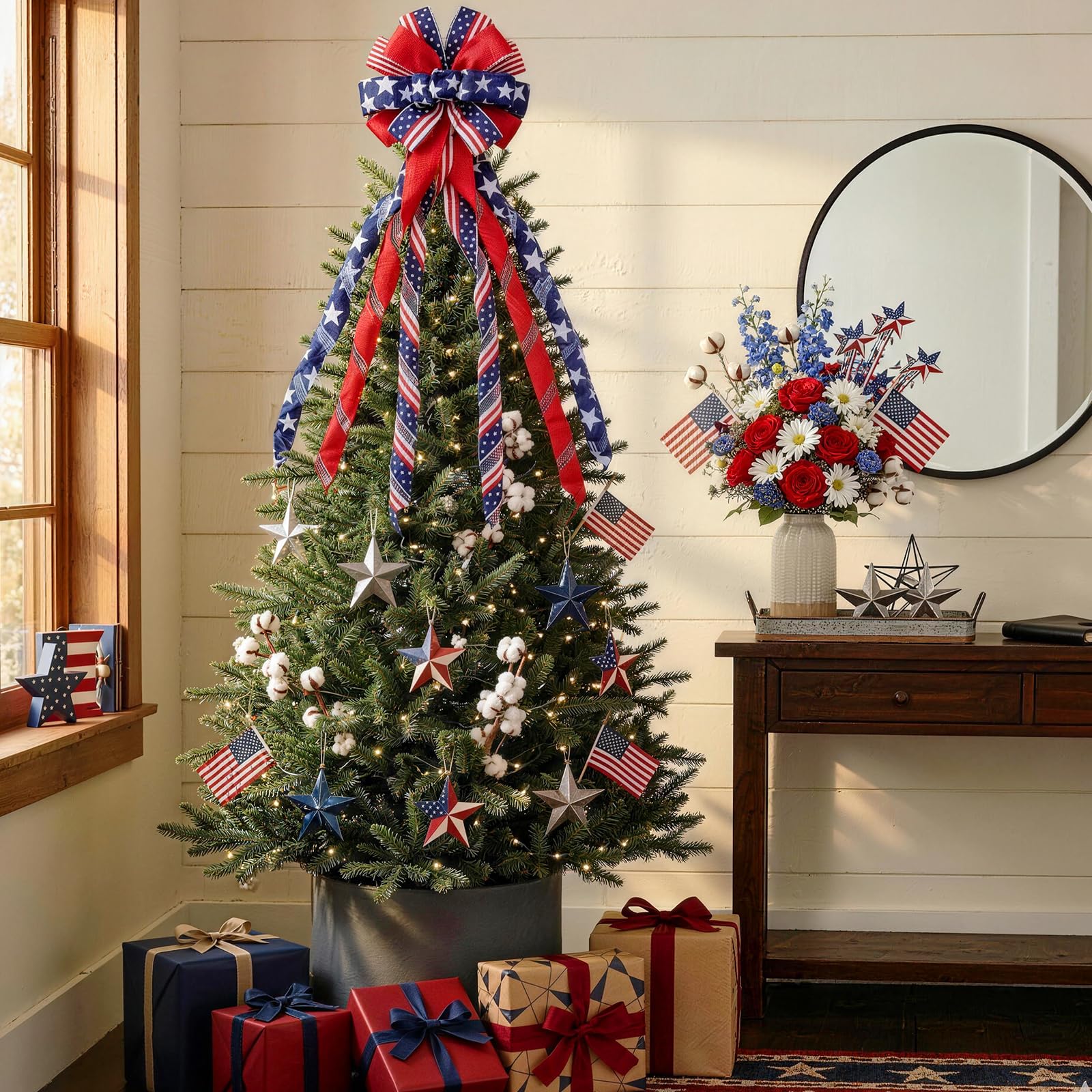 Montekin patriotic tree topper bow 53in long streamers offer versatile length
