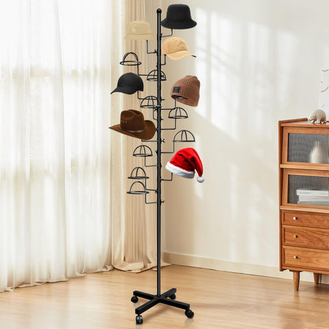 Montex black finish stand complementing décor while supporting multiple hats.