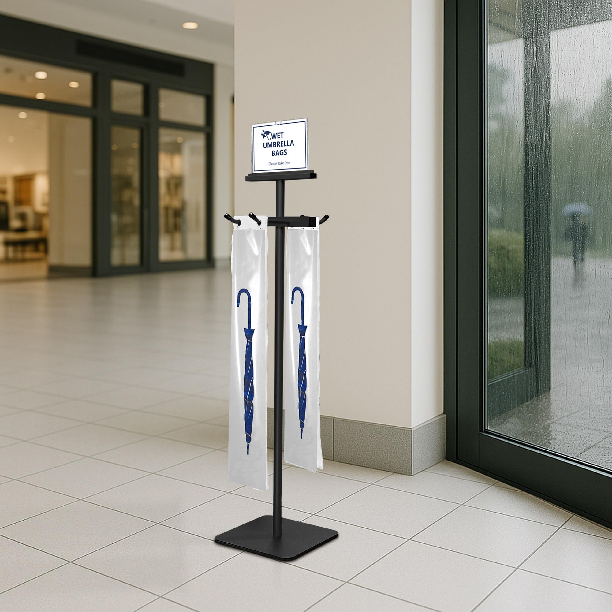 Montex wet umbrella bag stand side view demonstrates compact footprint for tight foyers.