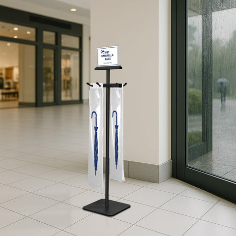 Montex wet umbrella bag stand side view demonstrates compact footprint for tight foyers.