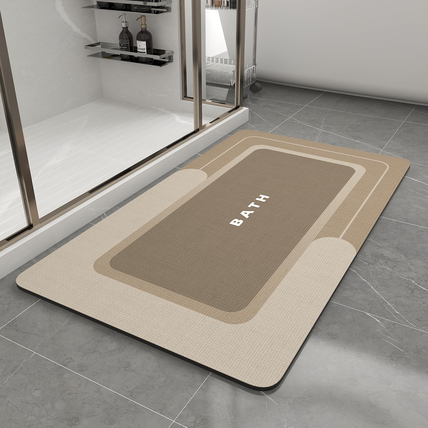 MontVoo bath mat non-slip beige on bathroom floor for safety.