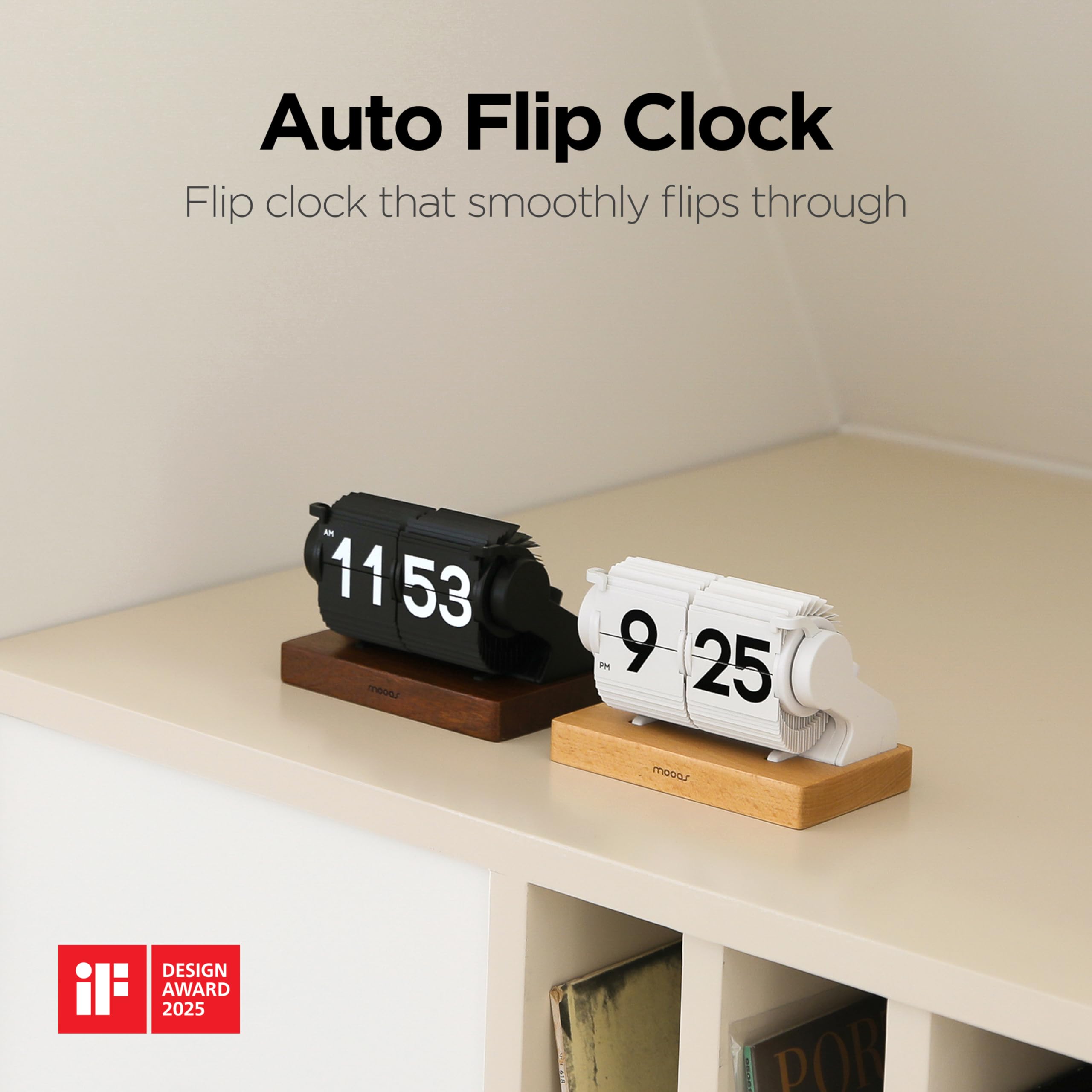 mooas flip clock side view showing slim retro profile on a desk