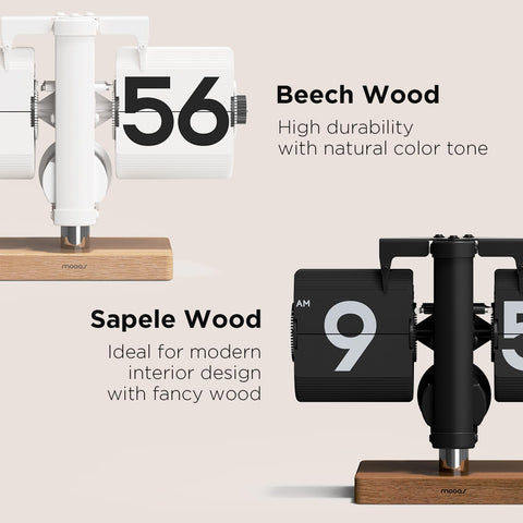 mooas beech wood mini flip clock highlighting natural finish and desk appeal.