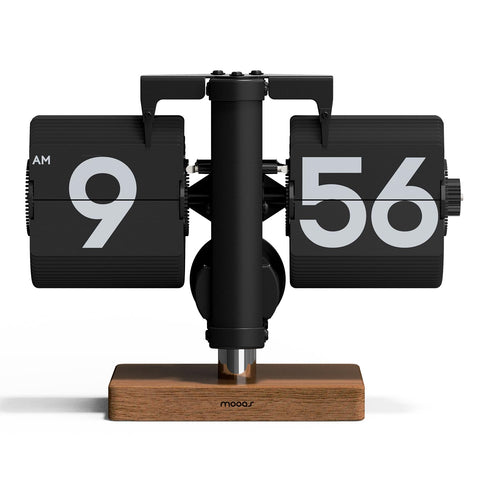 mooas classic modern wood mini flip clock in black, large digits for easy reading.