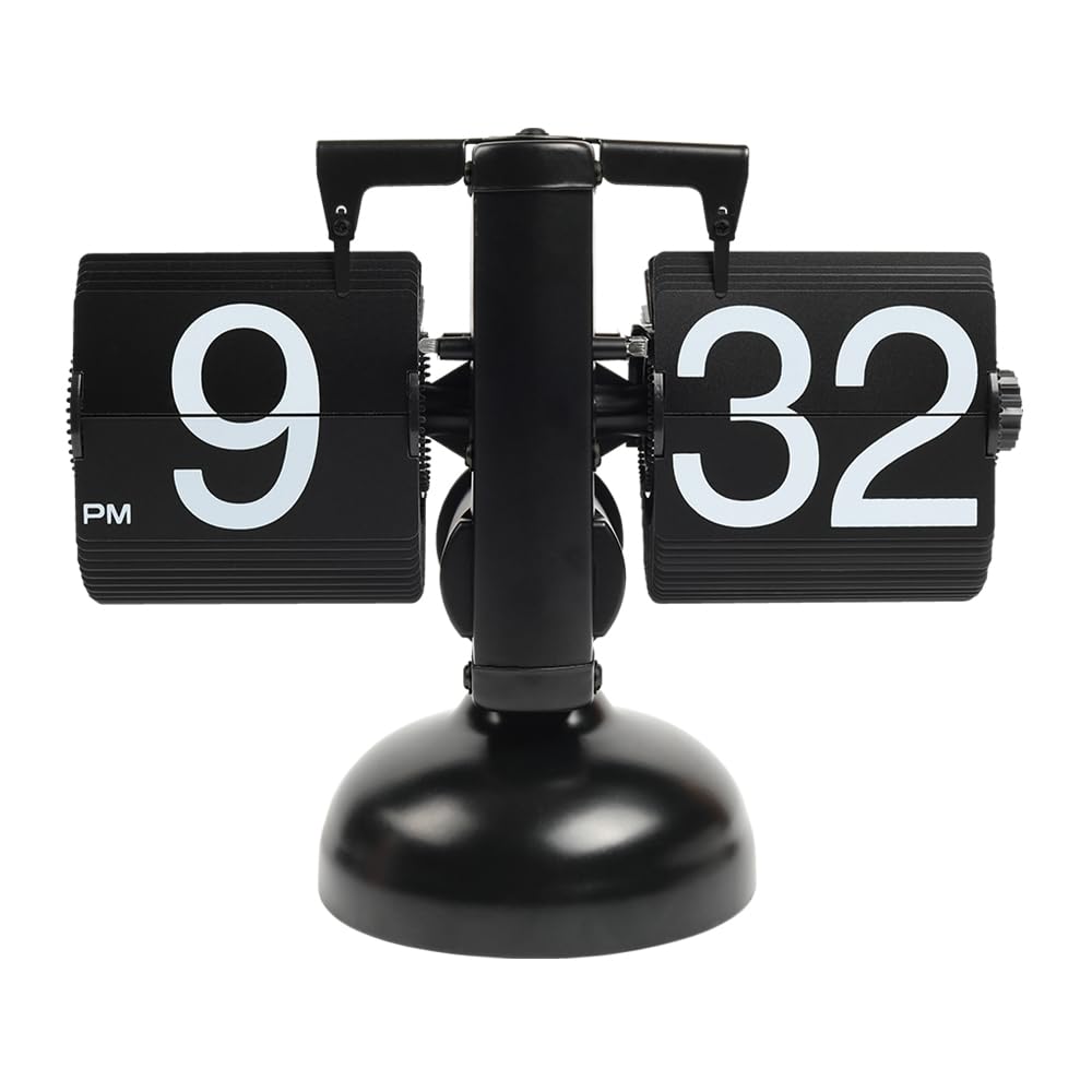 mooas Flip Desk Clock Black, front view, adds vintage charm to your workspace