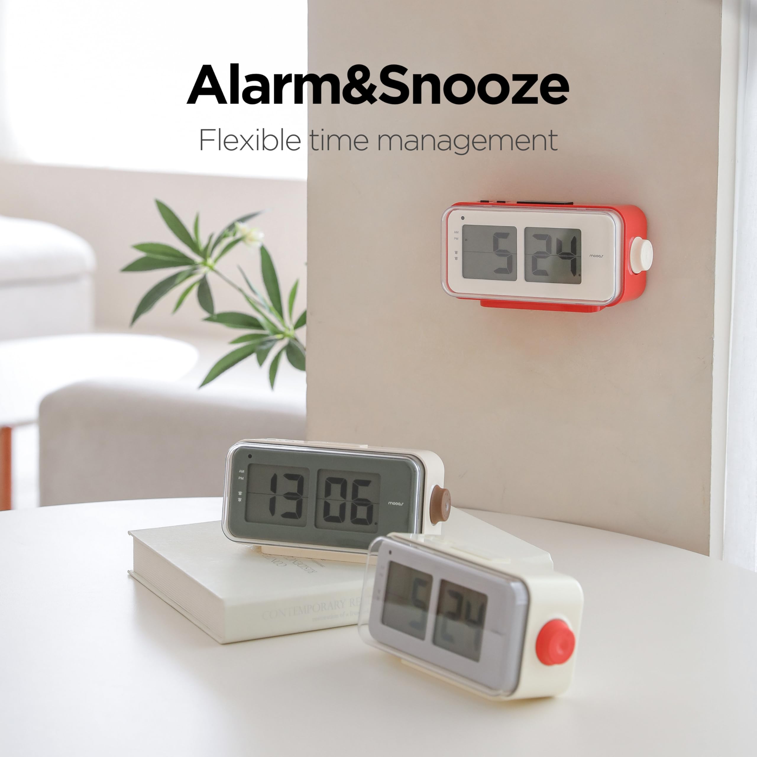 mooas Retro Flip Clock mocha alarm settings display with two alarms and snooze
