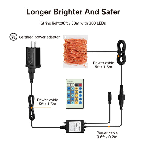 Moobibear LED string lights with extension cord for flexible layouts.
