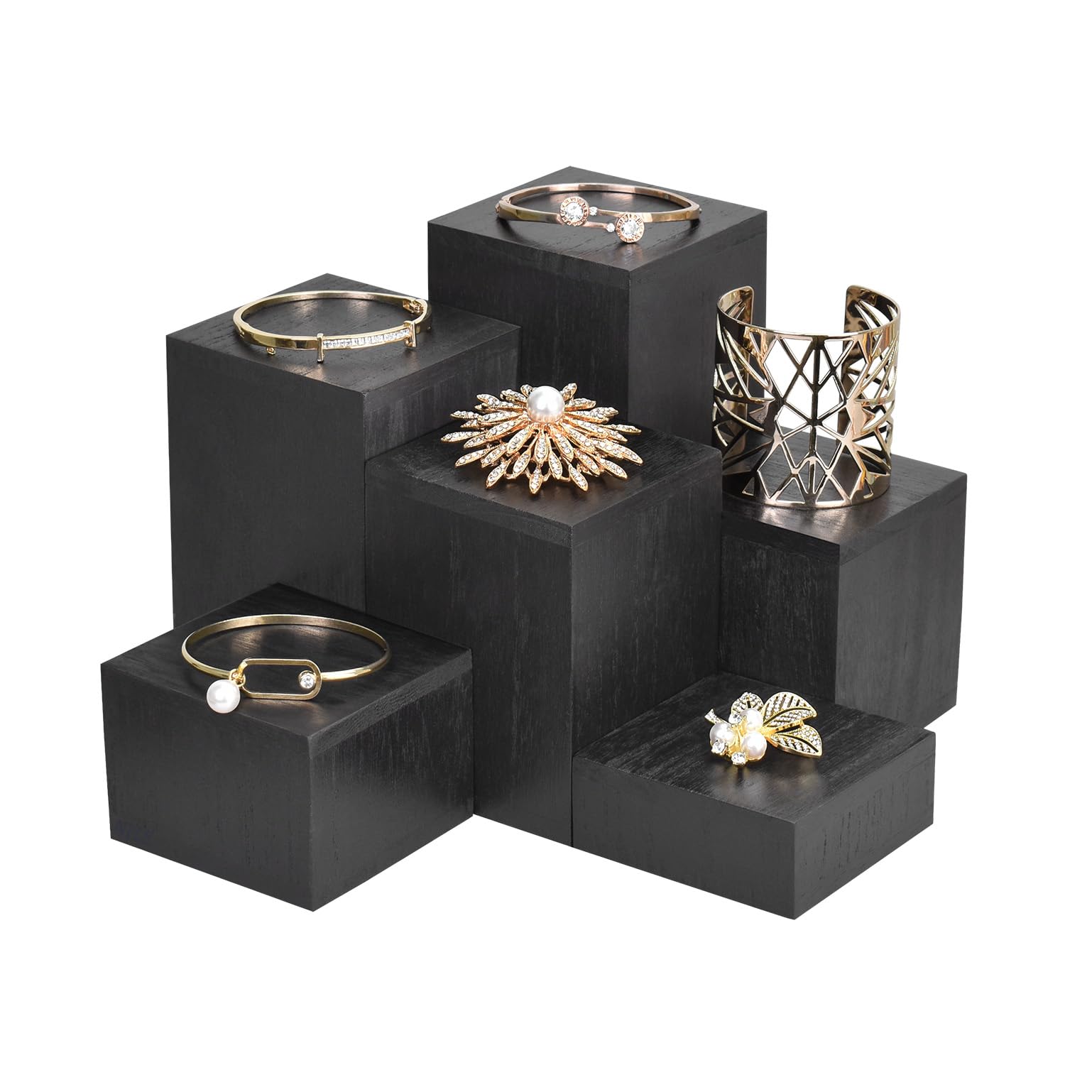 MOOCA wooden risers showcase cosmetics and figurines with neat organization