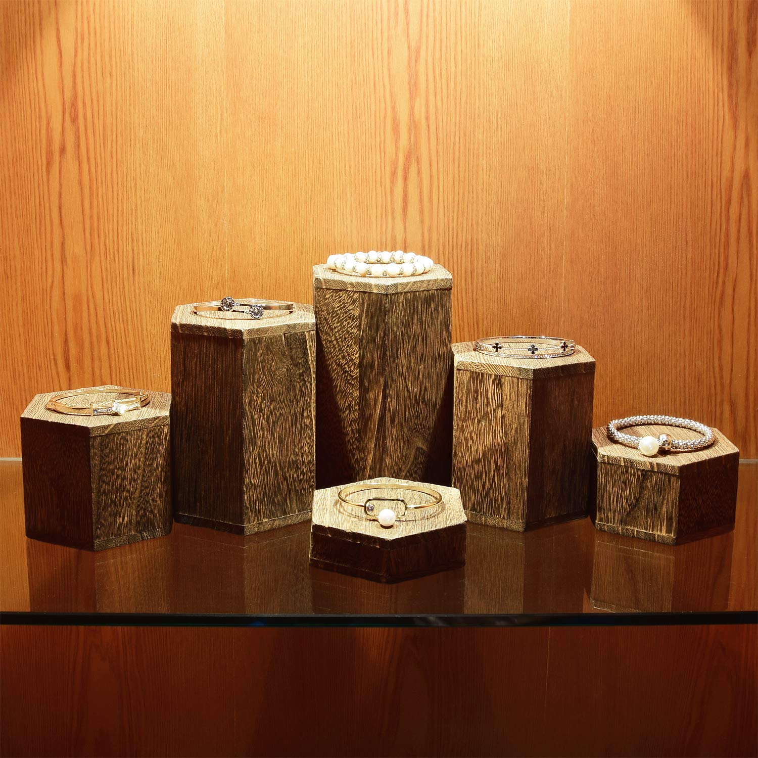 Close-up of wood texture and craftsmanship on MOOCA hexagon risers