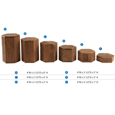 Smooth brown wood hexagon risers complement retail or home setups