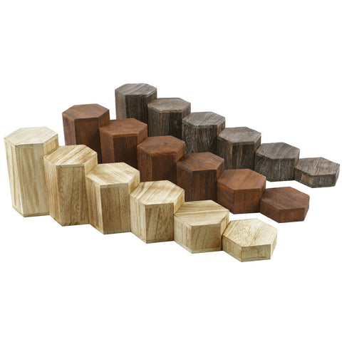 MOOCA hexagon risers shown on a clean countertop display for easy browsing