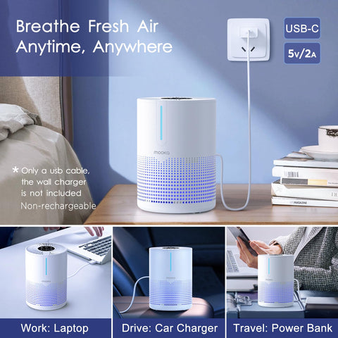 MOOKA compact desktop purifier fits neatly on a desk or shelf.