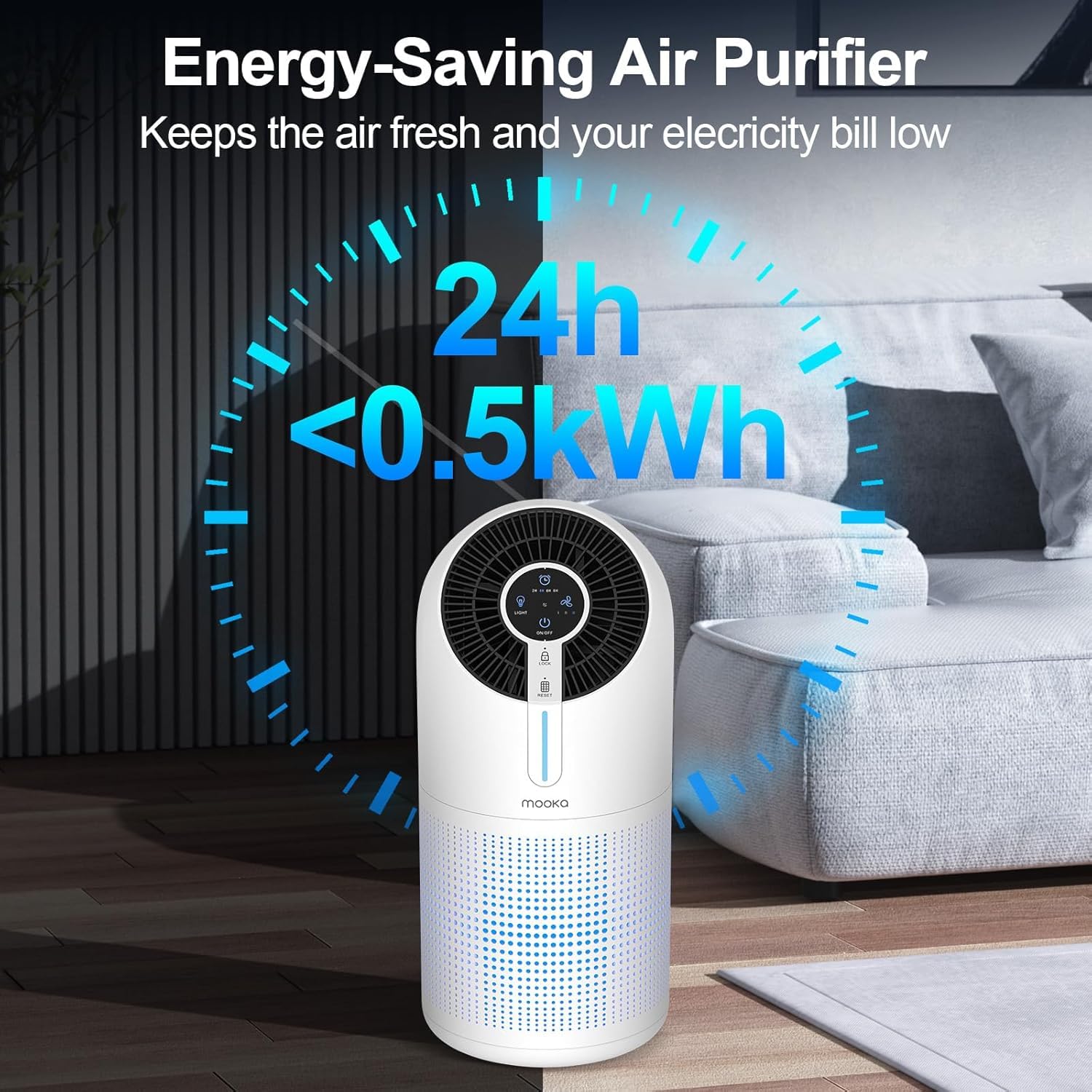 MOOKA filter reminder and timer display helps scheduling clean air.