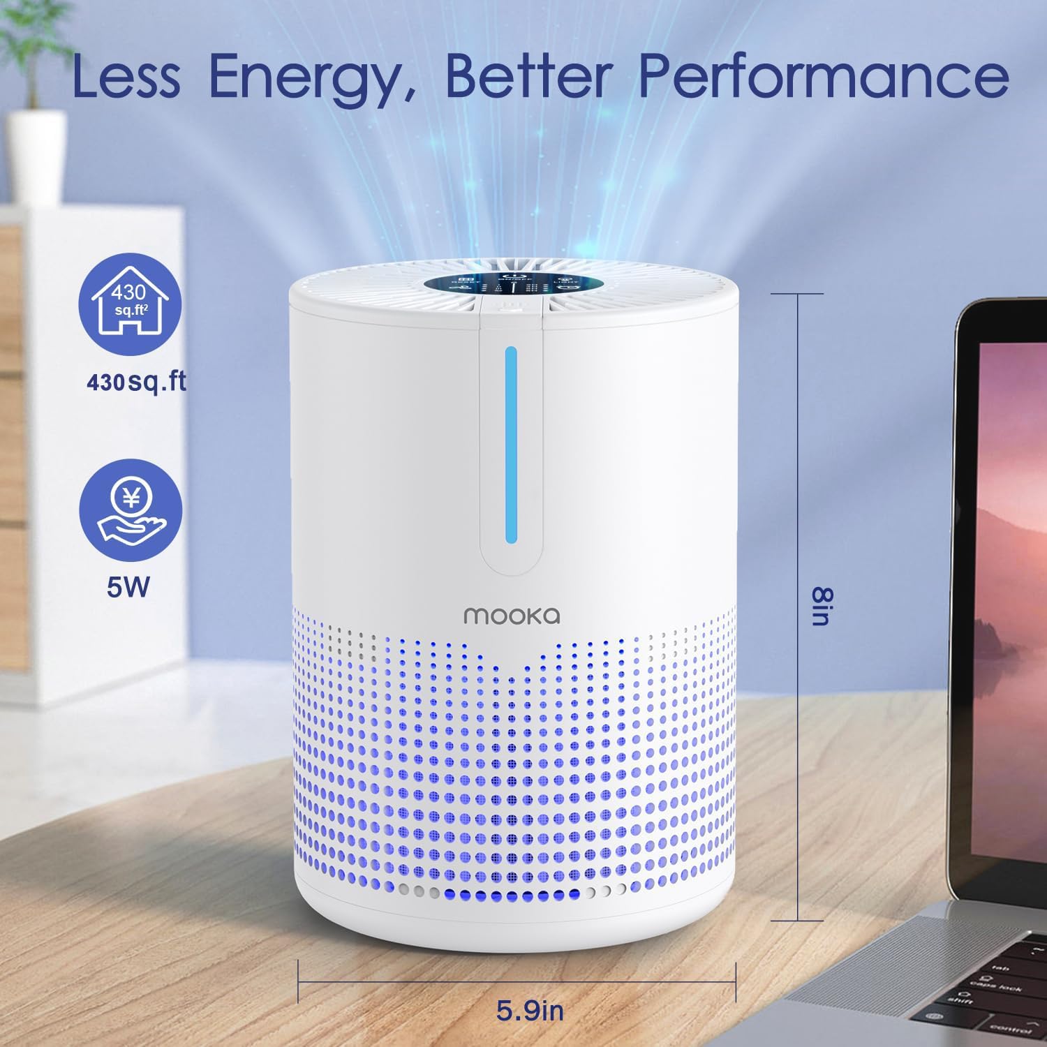 MOOKA purifier offers four wind speeds for customizable airflow.