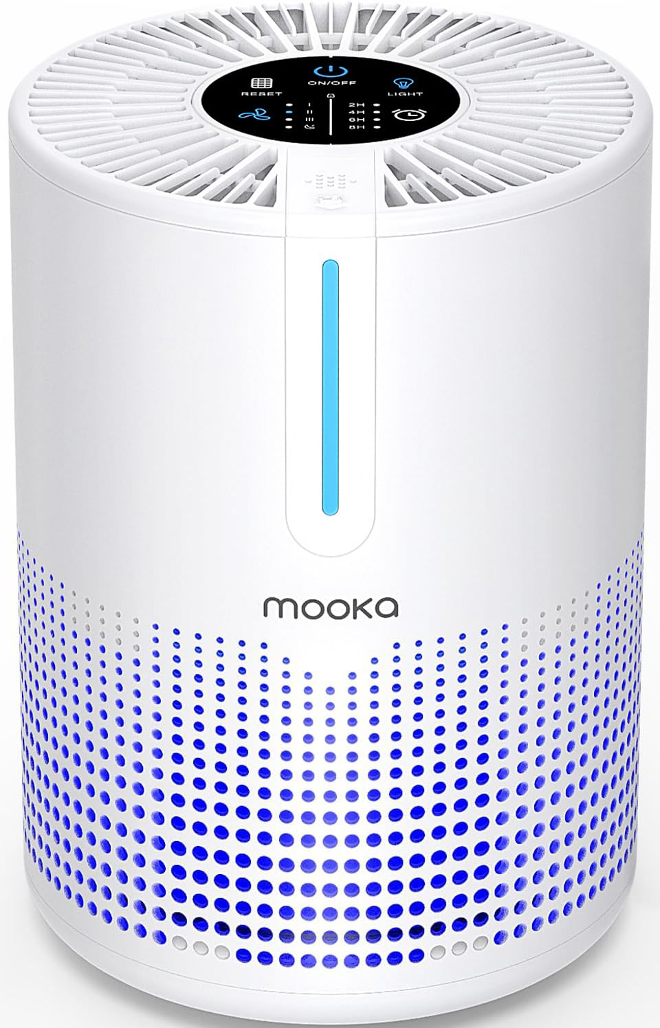 MOOKA air purifier with H13 True HEPA filters cleans dust and pet dander in bedrooms.