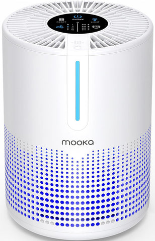 MOOKA air purifier with H13 True HEPA filters cleans dust and pet dander in bedrooms.