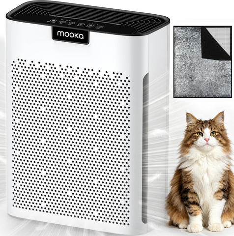 MOOKA air purifier front view showing wide intake for pet hair and odors.
