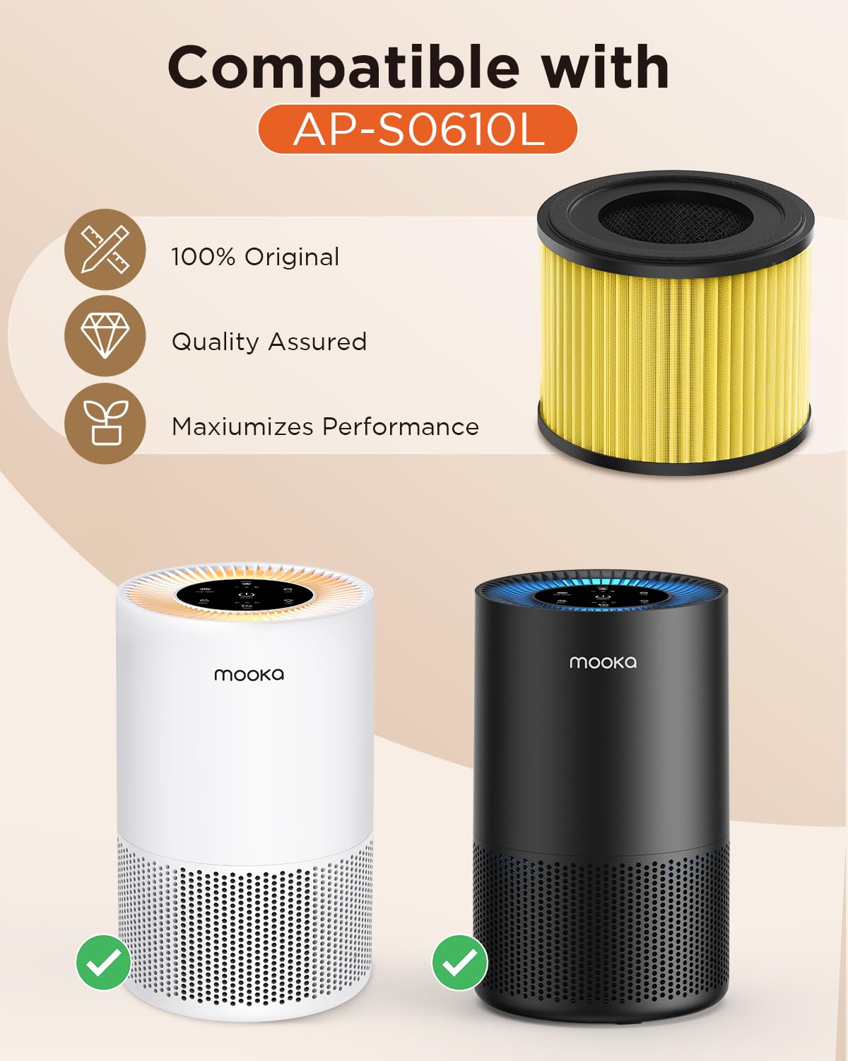 MOOKA AP-S0610L HEPA filter close-up shows layered filtration