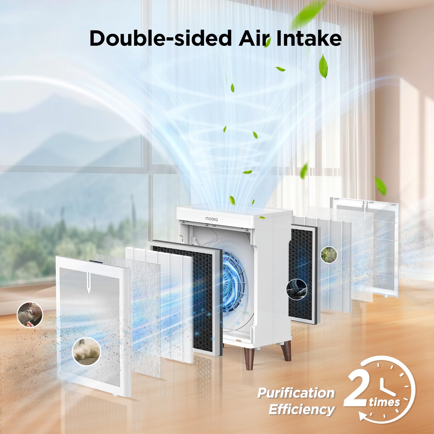 MOOKA HKB320F PM2.5 sensor and Auto Mode show air quality at a glance.