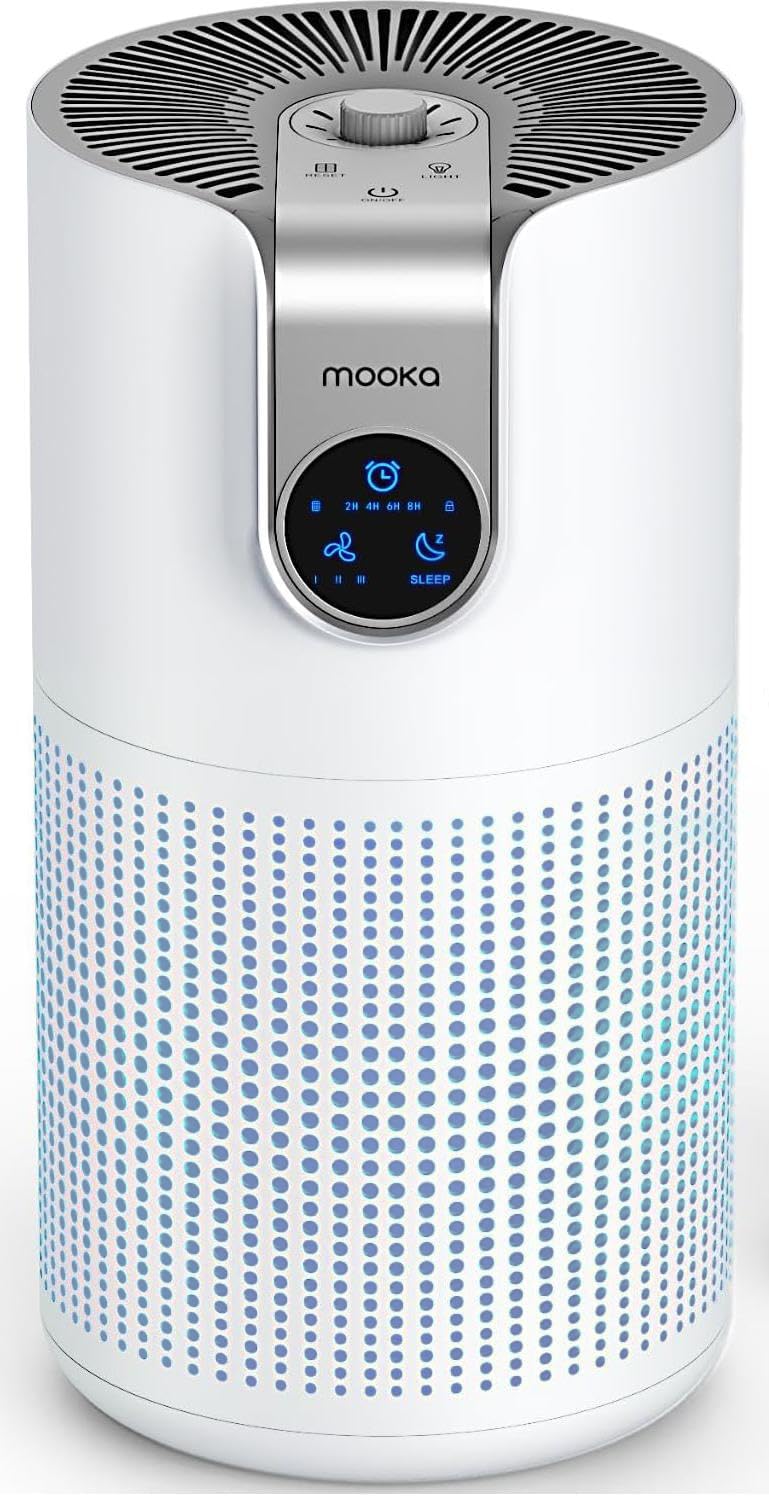 MOOKA M03 air purifier front view; quiet operation ideal for bedrooms.