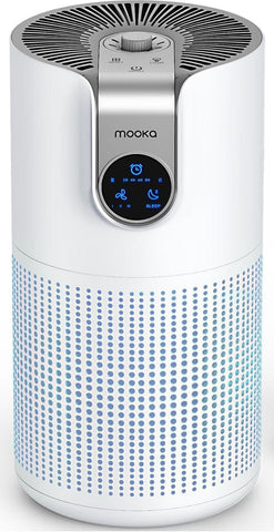 MOOKA M03 air purifier front view; quiet operation ideal for bedrooms.