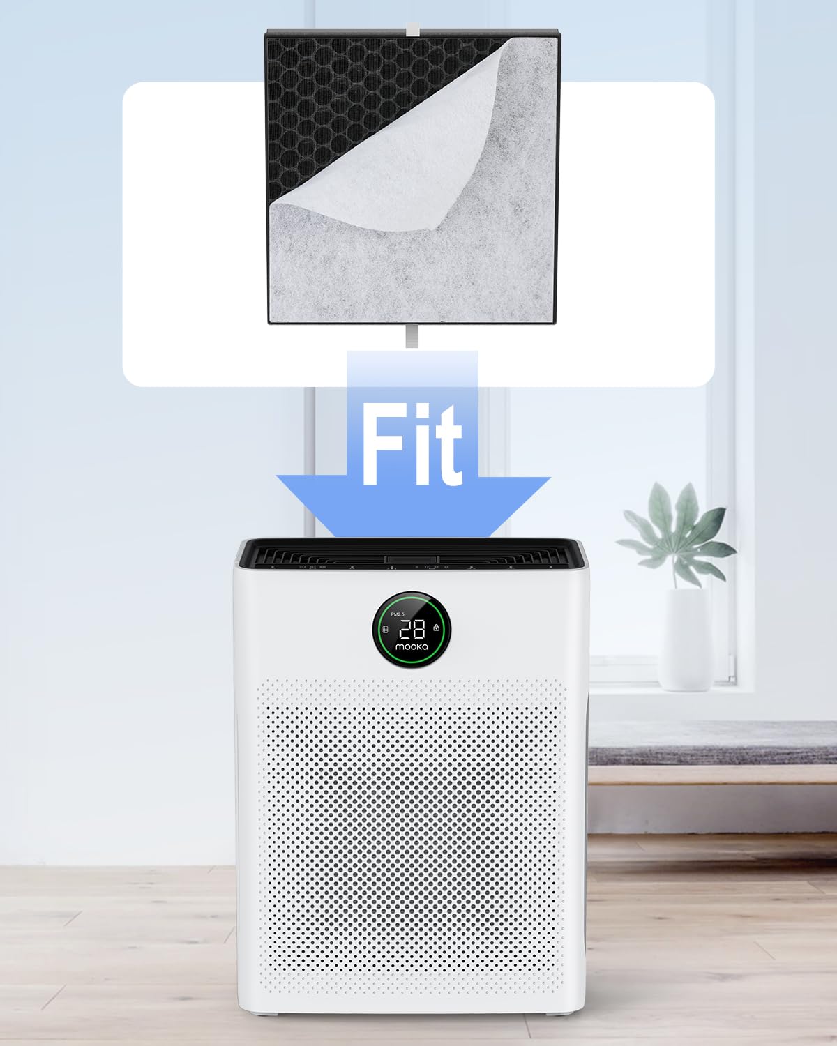 MOOKA PR1 H13 true HEPA filter capturing tiny particles for cleaner air.