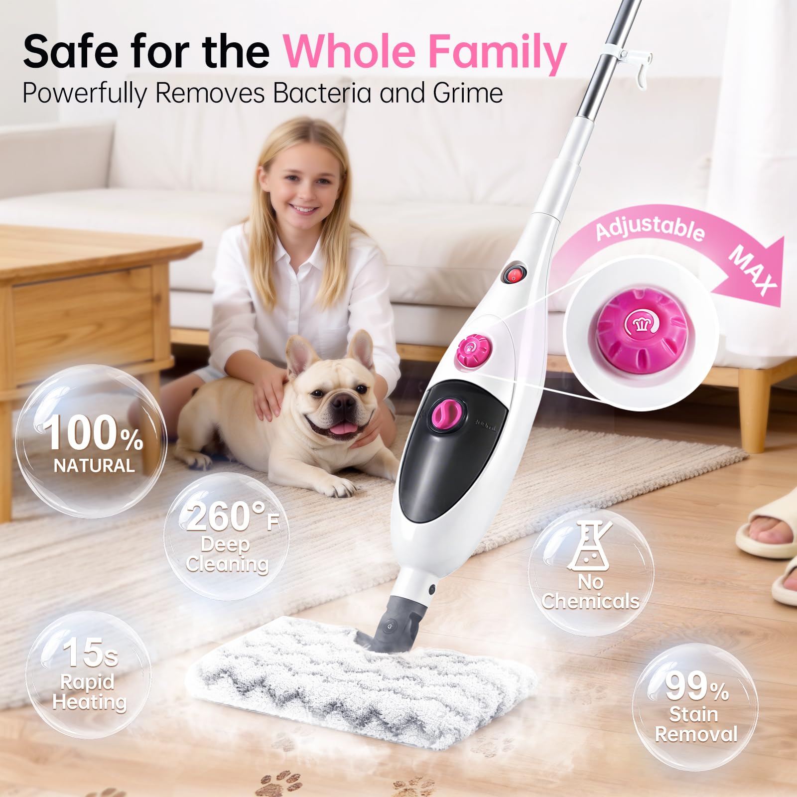 Moolan steam mop heats in 15 seconds for fast cleaning.